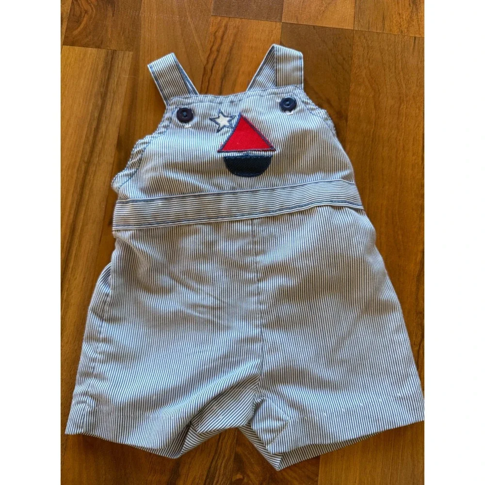 Vintage Health-tex Baby Boy Blue‎ White Pinstripe Sailboat Shortall Overalls 6M